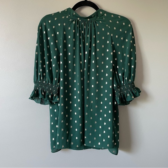 Ted Baker Jamiiee Puff Sleeve Foil Polka Dot Top Blouse Green Gold Size 5 Large - Picture 14 of 15